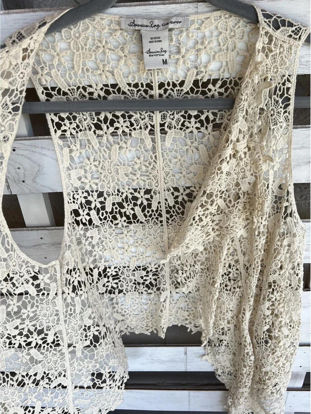 American Rag Cie Crochet Vest Top Natural Beige Floral Open Knit Size M